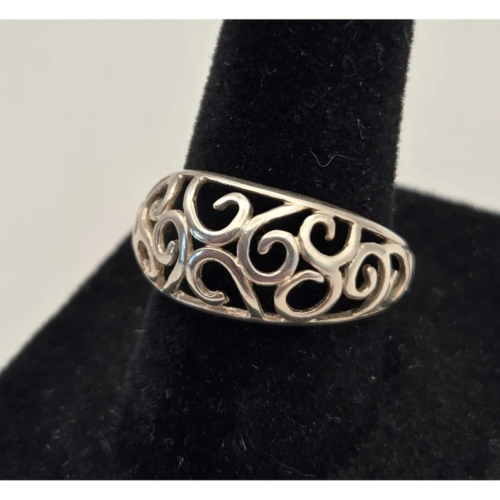 Sterling Silver 925 Filigree Scroll Band Ring Sz 7.25 Romantic Boho Minimalist
